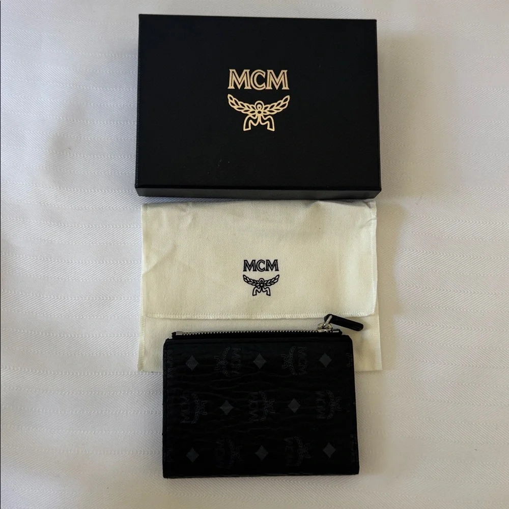 MCM Bifold Wallet Black Leather Pouch with Logo - Picture 2 of 6